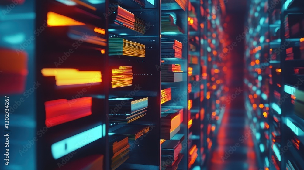 Poster neon-lit data stacks fill a futuristic server room. illustrates vast data storage, perfect for tech 