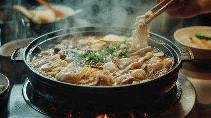 A hot sukiyaki with chopstick on cooking pot