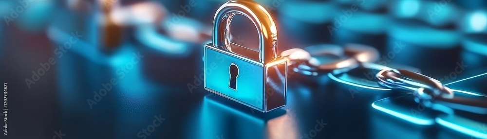 Poster intricate detail of a lock and chain with key, closeup perspective on security