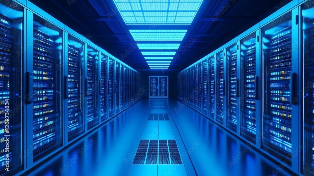 Aufkleber data center server room with rows of racks.