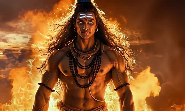 Fiery Hindu God Shiva, flames background, spiritual power, religious art