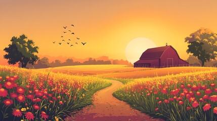 Sunset Barn Scene Rural Landscape Path Flowers Birds