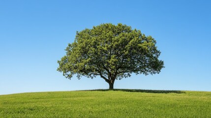 Fototapeta premium A clear shot of a tall tree with an expansive green canopy under a perfect blue sky.