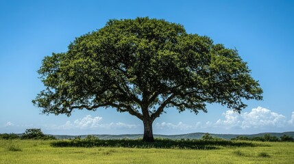 Obraz premium A clear shot of a tall tree with an expansive green canopy under a perfect blue sky.