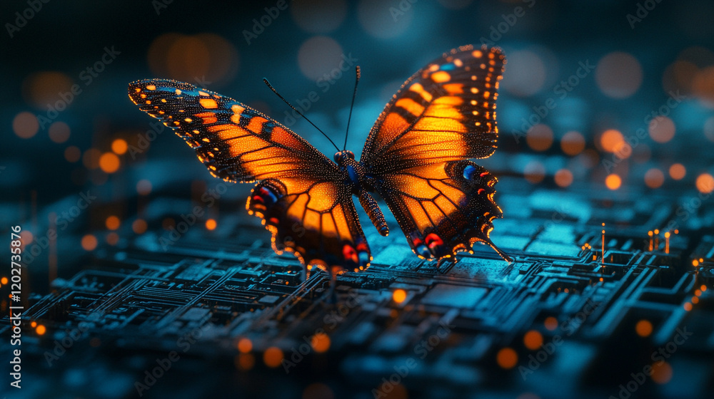 Poster butterfly sits on a circuit board creating a contrast between nature and technology