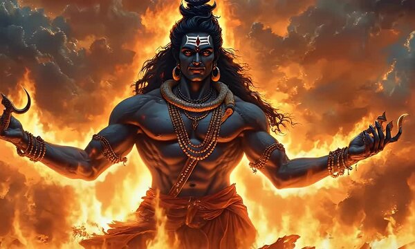 Fiery Lord Shiva, Hindu deity, flames, spiritual art, religious poster