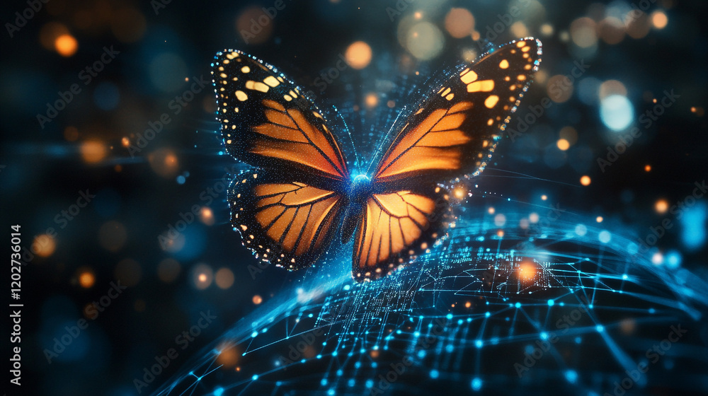 Aufkleber butterfly emitting light on a network background representing technology and nature unity