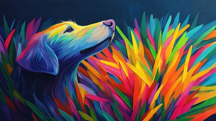 Obraz premium A vibrant portrait of a pooch sporting brilliant feathers on its head, gazing heavenward at a captivating bird of paradise