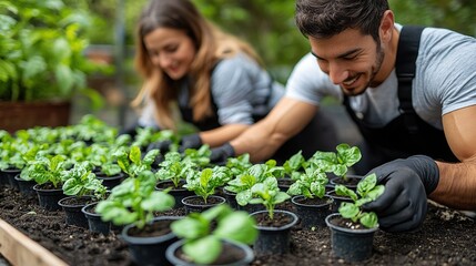 Two individuals tending to young plants in pots, engaging in gardening and nurturing growth.