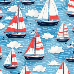 A vibrant pattern featuring red and blue sailboats sailing on tranquil blue ocean waves, accented by fluffy white clouds. Ideal for fashion, home decor, and various creative projects.