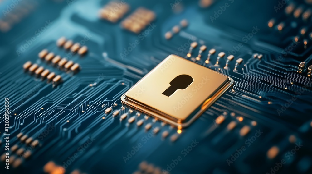 Poster digital security, padlock protecting a circuit board symbolizing data protection in the age