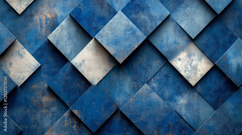 Poster blue geometric pattern with textured squares arranged in a mosaic style