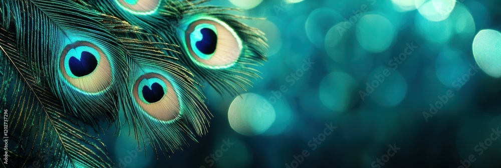 Poster vibrant peacock feathers displaying intricate patterns against a soft blue background during dayligh