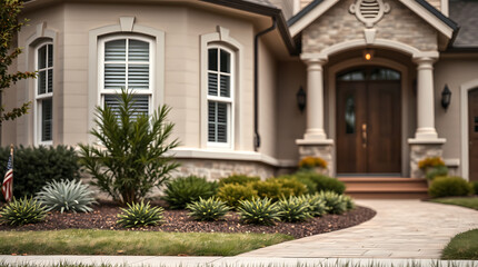 Obraz premium Luxury Home Exterior with Landscaped Garden and Stone Pathway. Beautiful curb appeal and stunning architecture. Real Estate photography