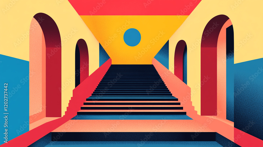 Poster colorful abstract staircase with vibrant geometric patterns in a surreal setting