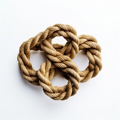 Fototapeta premium This image features a meticulously tied tan rope in an intricate decorative knot, beautifully isolated against a bright white background, showcasing the texture and craftsmanship of the knot.