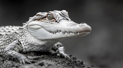 Fototapeta premium Young alligator rests on muddy ground in its natural swamp habitat during the day.