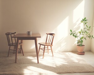 Sunlit room with wooden table, chairs, and plant.