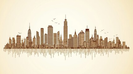 Fototapeta premium Stunning City Skyline Silhouette with Reflections and Flying Birds