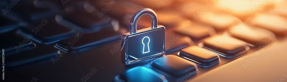 Poster protecting digital assets, a padlock on computer keyboard symbolizes cybersecurity and data protecti