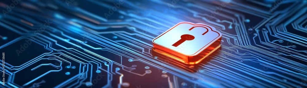 Poster digital security, padlock on circuit board symbolizing data protection and encryption