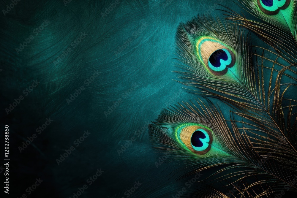 Poster peacock feathers with vibrant colors displayed on a textured background during a calm light setting.