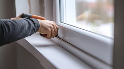 construction worker's hands using a power drill to secure drywall inside a new home, soft natural light from the window,