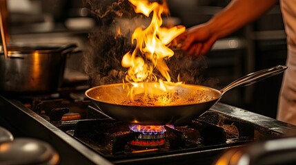 A close-up of a gas stove with a frying pan heating up, flames flickering brightly under the pan.