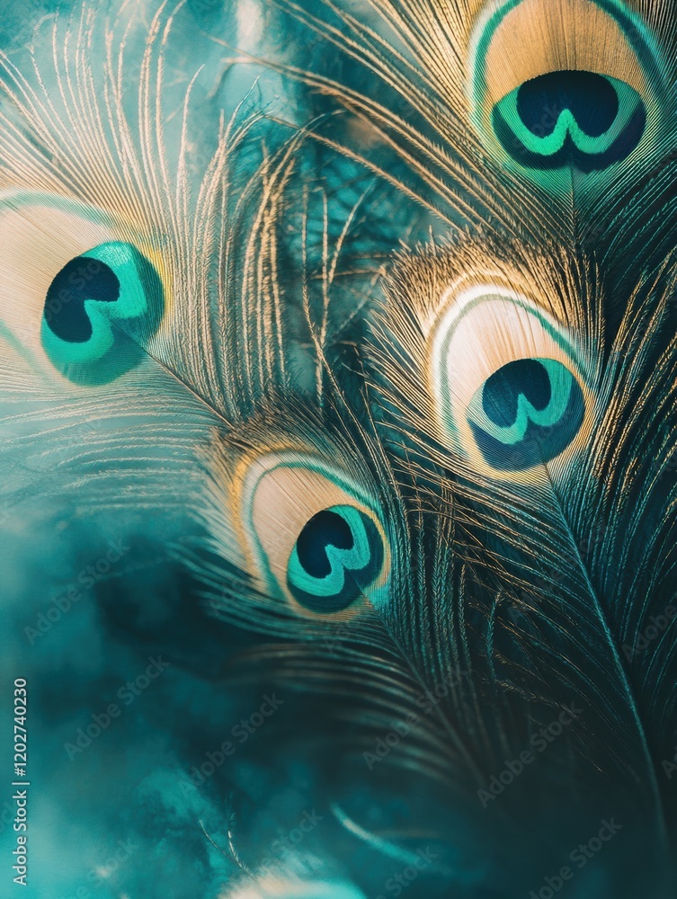 Leinwandbilder vibrant peacock feathers displaying intricate patterns in a colorful backdrop near a serene garden s