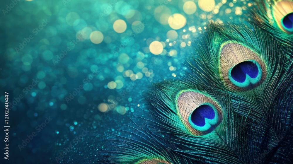 Poster colorful peacock feathers shimmering under soft light with bokeh background creating an enchanting a