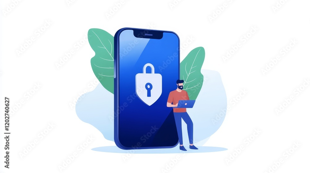 Poster closeup of man holding smartphone with lock screen, mobile security and access control
