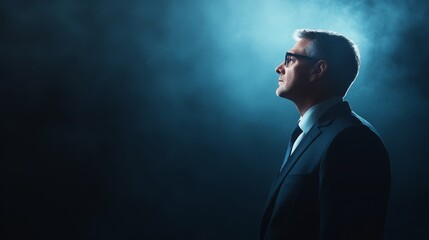 Intriguing silhouette, a man in suit stands in the shadows