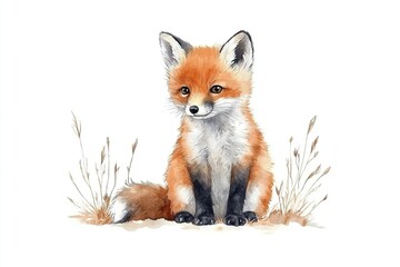 Obraz premium A cute illustration of a red fox sitting in a grassy setting.