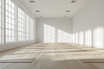 Fototapeta premium Sunlit yoga studio with mats on light wood floor.