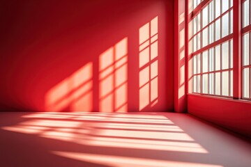 Obraz premium Red room with window light casting shadows. Ideal for minimalist, modern, or architectural design projects.