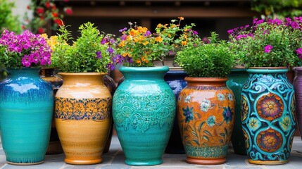 Colorful potted flowers in garden setting; home decor
