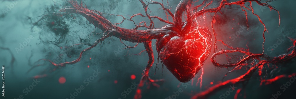 Poster pulsating heart with red veins glowing against a dark misty background. generative ai