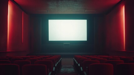 Empty Movie Theater with Red Lighting and Blank Screen.