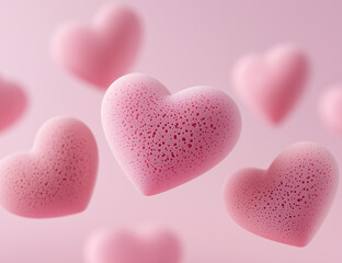 Fototapeta premium Pink heart-shaped sponges floating on a pink background.Minimal creative Valentine's holiday concept.Copy space,flat lay 