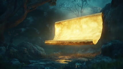 Glowing Golden Scroll Floating Mystically in a Dark Forest at Night - Fantasy Background for Design and Art