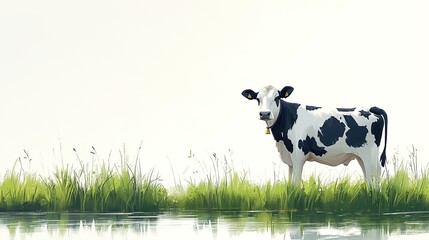 A serene illustration of a black-and-white cow standing by a tranquil water body amidst grass.
