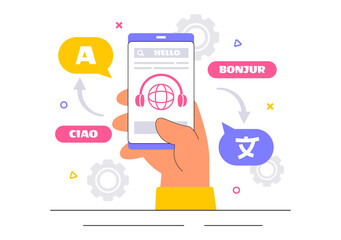 Translator Service Vector Illustration Featuring Multilanguage Translation for Various Countries Using a Dictionary in a Flat Style Cartoon Background