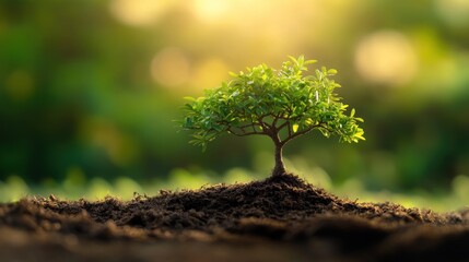 A small tree grows from rich soil, symbolizing growth and renewal in a serene environment.