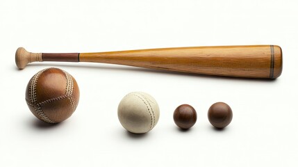 A collection of popular sports items, including a cricket bat, tennis ball, and soccer ball, isolated on white.