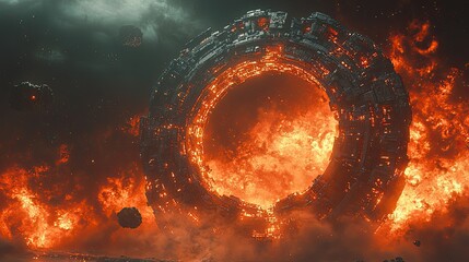 Obraz premium Burning Space Station Amidst Fiery Cosmic Debris