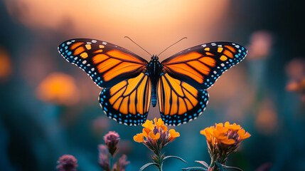 Obraz premium Monarch butterfly perched on vibrant flowers during sunset in a serene garden