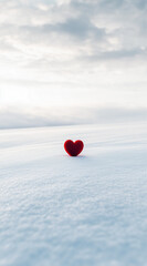Fototapeta premium A red heart in the snow.Minimal creative Valentine's holiday concept.Copy space,flat lay 