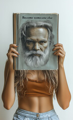 A young woman holds an open book with a portrait of an old man on its cover,in front of her face with the inscription "Become someone else" above it, against a light gray background.