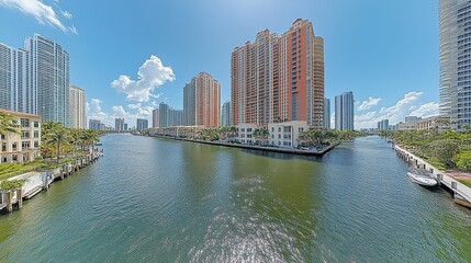 Fototapeta premium Vibrant cityscape view of high-rise buildings along a serene waterfront in sunny weather