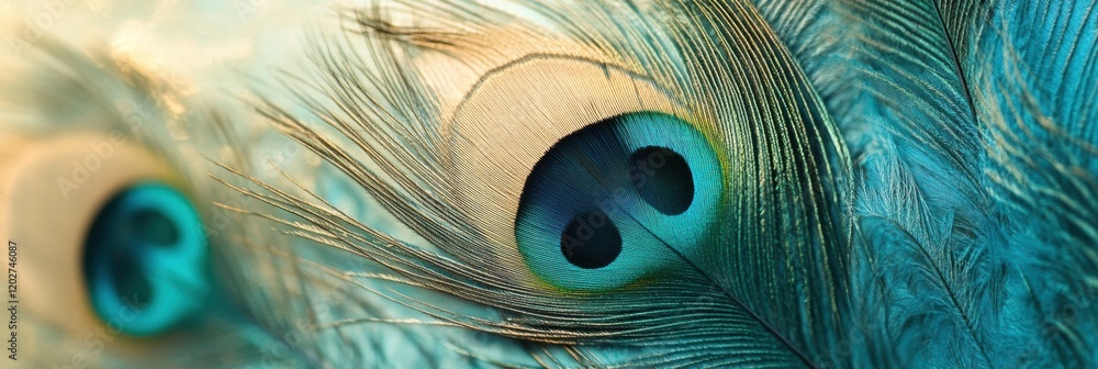 Poster vibrant close up of colorful peacock feathers showcasing intricate pattern details in natural light.